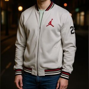 Jordan White Bomber Jacket with Red Logo and Stripe Trim